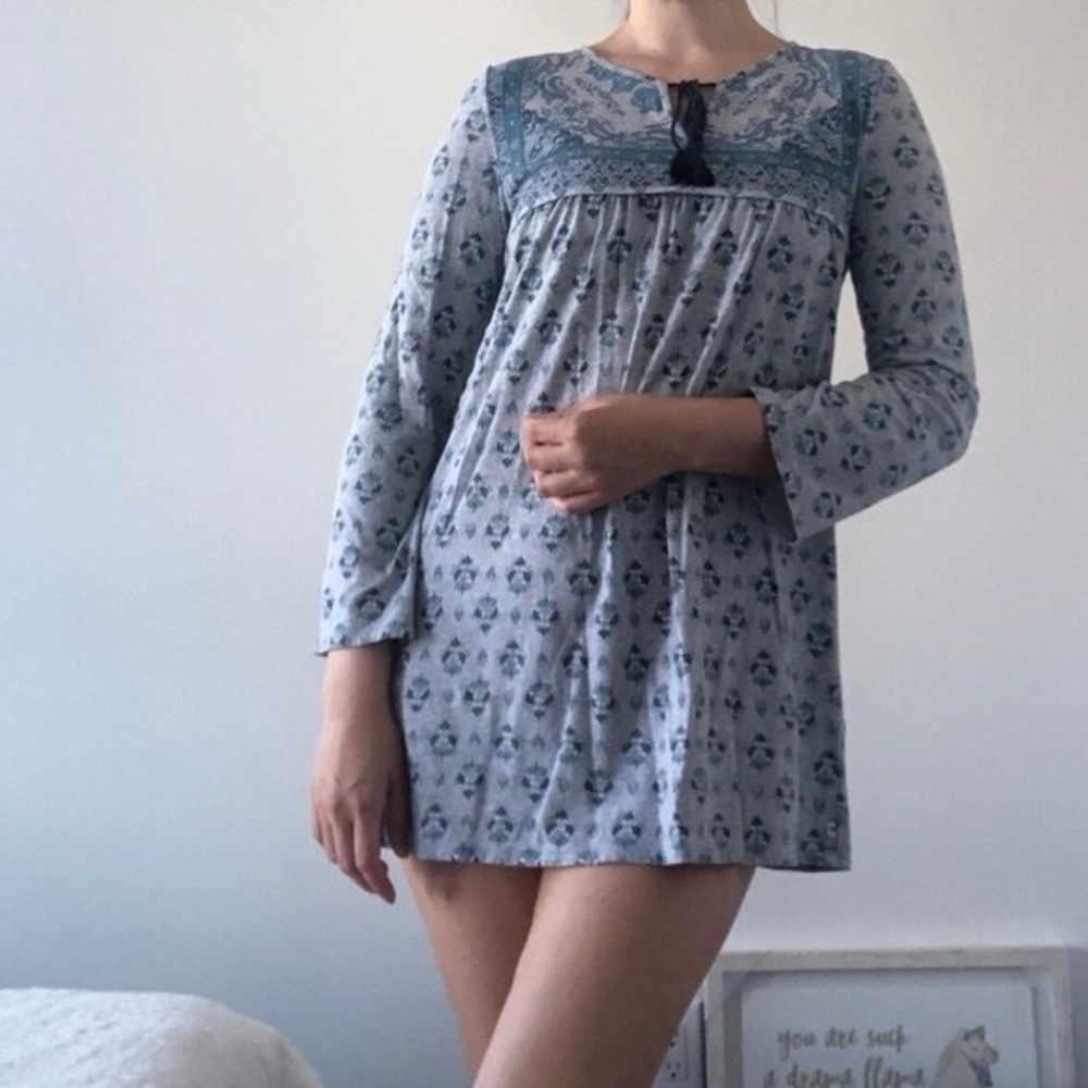 Lucky Brand Blue Floral Cotton Sleep Tunic Tassel Boho Cottagecore Prairie Top M